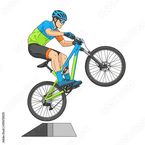 Mountain biker performing a wheelie trick off a ramp, dynamic action illustration