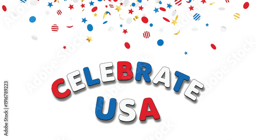 Patriotic celebrate USA text with confetti, vector graphic element for Independence Day decoration.