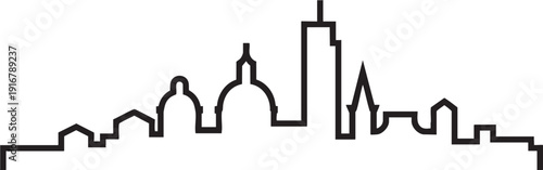 Outline skyline silhouette of varied urban architecture with domes and towers.
