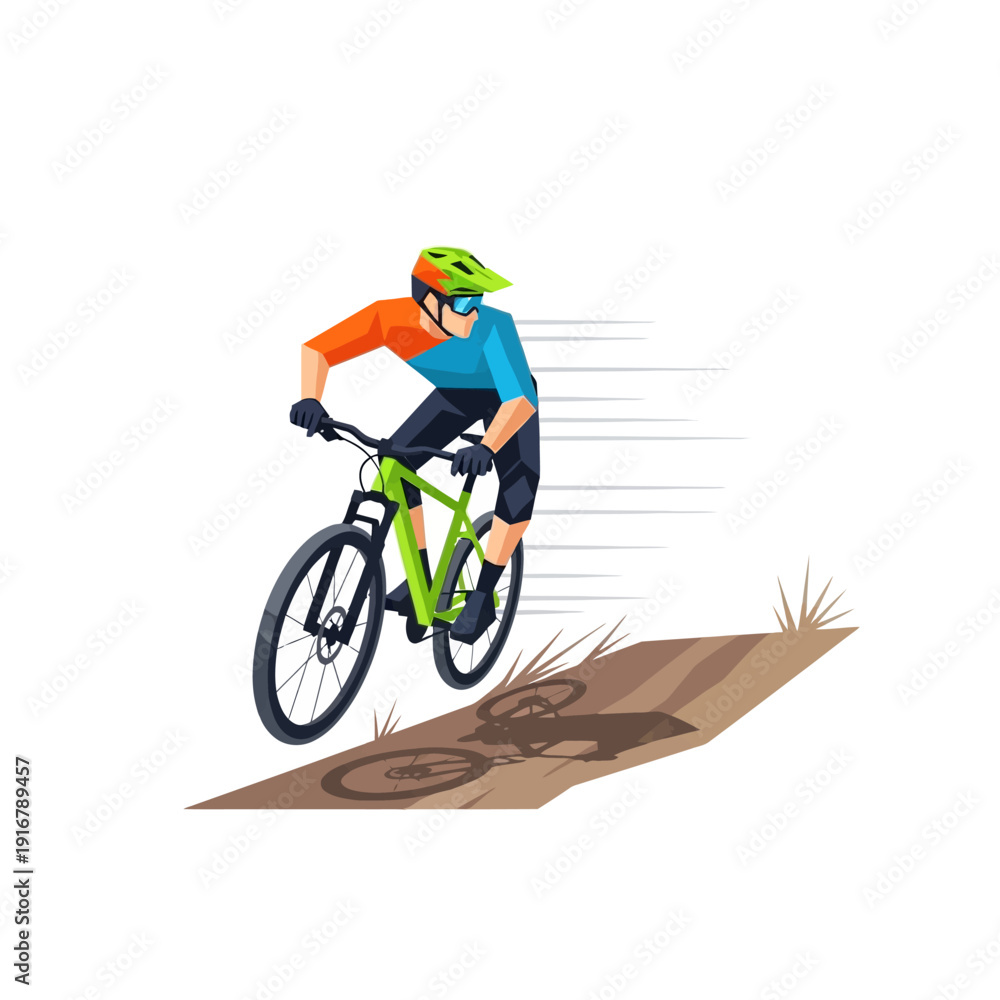 Fototapeta premium Mountain biker riding fast downhill on a dirt trail, dynamic action illustration.