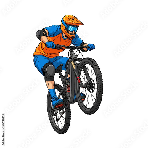 Mountain Biker Performing Wheelie Trick with Full Protective Gear