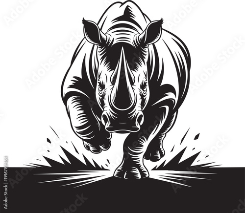 Rhinoceros charging forward aggressively, black silhouette on transparent background.