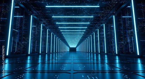 Immersive Data Center Corridor with Glowing Blue Lights and Abstract Digital Particles on Floor, AI and Virtual Environment Concept