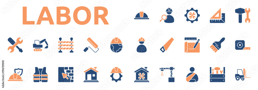 Naklejka premium Labor icon two color style with safety, helmet, worker, search, mechanic, triangle, ruler, equipment, engineer icons