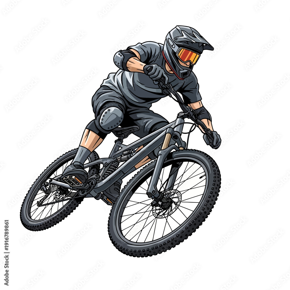 Obraz premium Downhill mountain biker racing downhill, wearing helmet and protective gear.