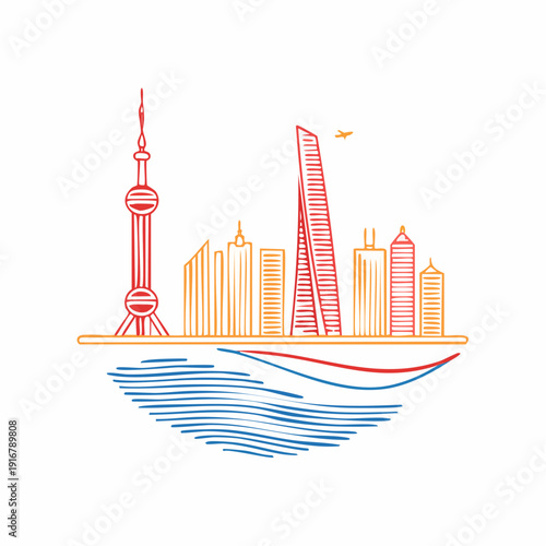 Stylized city skyline with modern skyscrapers and waterfront.