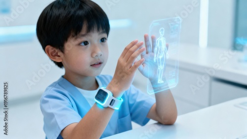Young boy viewing holographic human anatomy projection