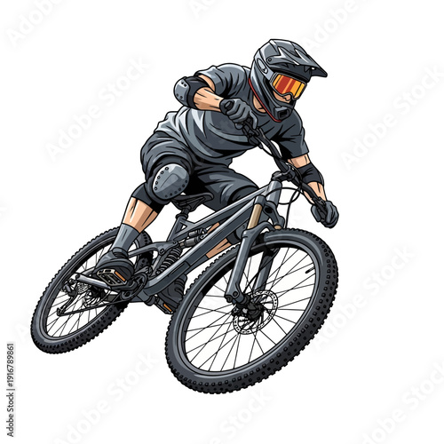 Downhill mountain biker racing downhill, wearing helmet and protective gear.