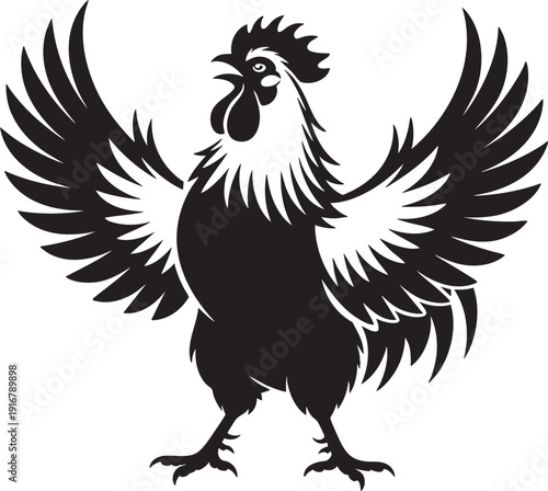 Silhouette of a rooster with wings spread open, vector illustration, black and white graphic, transparent background