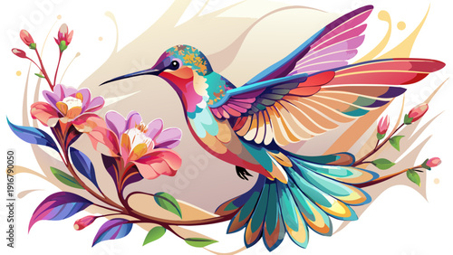 Very beautiful green violetear hummingbird hovering beside vivid red and yellow blossoms, surrounded by lush mountain rainforest scenery, portraying a lively tropical habitat rich with biodiversity an