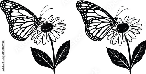 Butterfly on Blooming Flower Outline Icon Set Nature and Pollination Concept