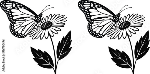 Butterfly on Blooming Flower Outline Icon Set Nature and Pollination Concept