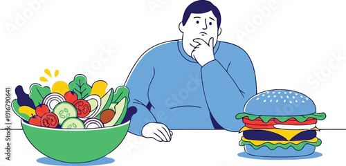 Overweight man thinking about diet choice with salad and hamburger