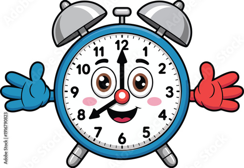 Cute Smiling Alarm Clock Cartoon Icon Set Kids Time Management Concept