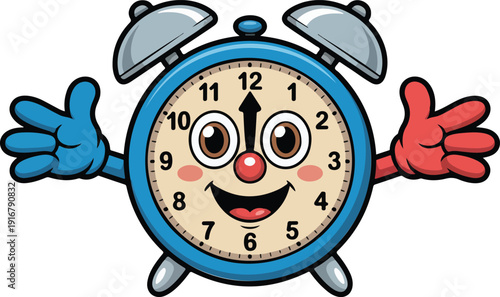 Cute Smiling Alarm Clock Cartoon Icon Set Kids Time Management Concept