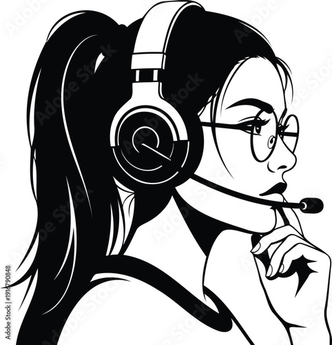 Minimalist Profile Silhouette of Woman with Ponytail and Headset – Professional Vector Icon for Support, Gaming, and Podcasting