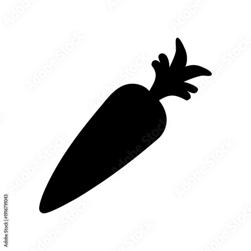 A sleek black and white illustration of a carrot with leafy green top.
