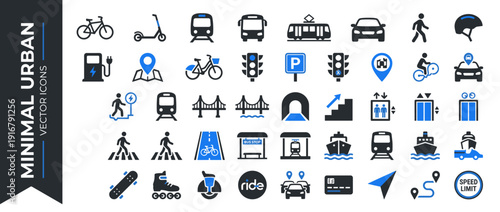 Set of 32 Minimal Urban Mobility Vector Icons for Smart City Transportation, Public Transit, Sustainable Commuting, and Navigation, featuring Flat Design Elements in Clean Black and Blue Accents