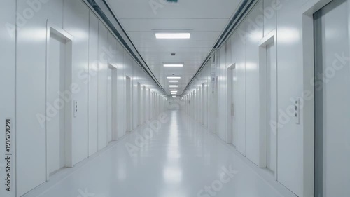 Empty clean room corridor extending into the distance, with many doors creating a perception of endlessness and reflecting the bright, uniform lighting from overhead fixtures