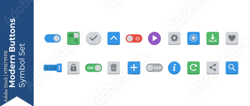 Set of 20 Modern Vector UI Buttons and Toggles in Flat Design with Minimal Shading, Featuring Switches, Settings, Search, Download, and Navigation Symbols for Web Interface and Mobile App Design.