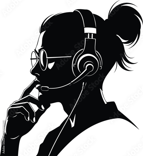 Profile Silhouette of Woman with Headset and Glasses – Modern Vector Illustration for Customer Support, Gaming, and Podcasting