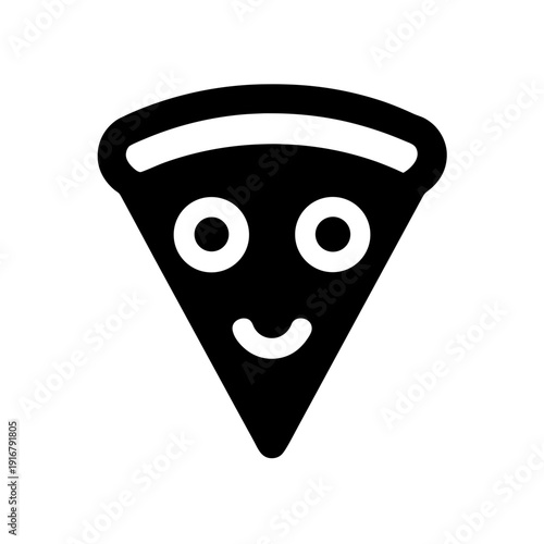 A playful slice of pizza with eyes and a smiley face giving it a friendly appearance