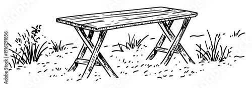 Wooden folding table on grass drawing