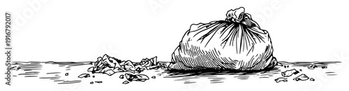 Trash bag with litter sketch illustration
