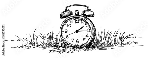 Alarm clock in grass sketch illustration