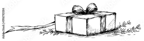 Gift box with ribbon and pine branch sketch