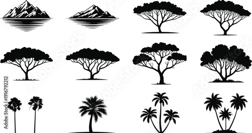 Landscape silhouettes mountains trees palms nature forest black vector illustration set collection isolated design