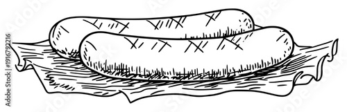 Grilled sausages on lettuce sketch drawing