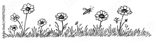 Flower meadow with bee hand drawn sketch