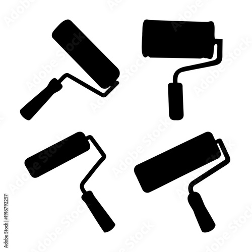 Black silhouette of a paint roller icon set for home renovation and artistic projects