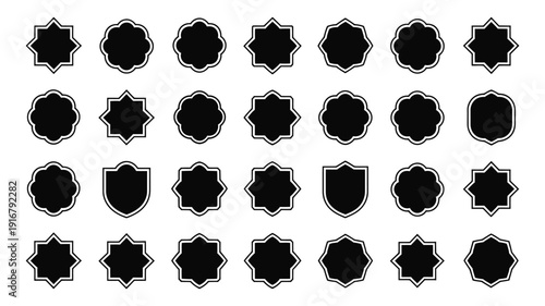 Islamic arabesque emblems and shields on white background for graphic design islamic patterns and symbols cultural motifs black silhouettes