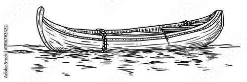 Rowboat floating on water hand drawn