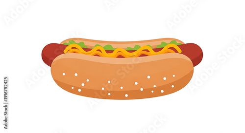 Delicious grilled hot dog with yellow mustard and relish toppings isolated on transparent background