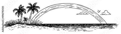 Tropical island with rainbow sketch illustration