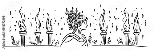 Greek goddess with torches hand drawn illustration