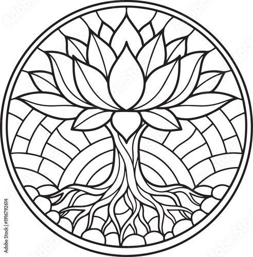 Tree of life with lotus flower and roots, circular stained glass design