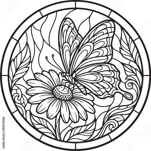 Butterfly on a daisy flower, circular stained glass art with nature elements