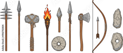 Primitive tools and weapons illustration, stone axe, spear, hammer, torch, bow, arrow, prehistoric survival equipment, ancient craftsmanship, early human technology design