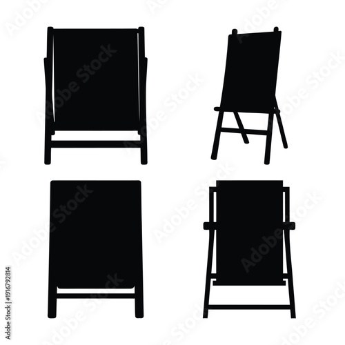 Various black silhouettes of blank advertising sign stands and an easel for display purposes