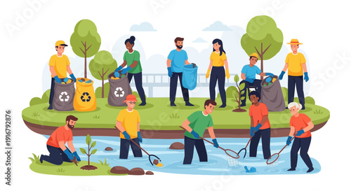 Group of volunteers cleaning a river for Environmental Awareness Day