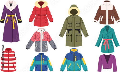 Winter jackets and coats collection, colorful outerwear fashion illustration, stylish cold weather apparel, trendy puffer, parka, vest, coat designs, modern wardrobe inspiration
