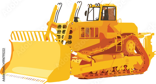 Yellow bulldozer illustration, heavy construction equipment, large front blade, caterpillar tracks, hydraulic arms, protective grille, industrial earthmoving machinery, , excavation, building site