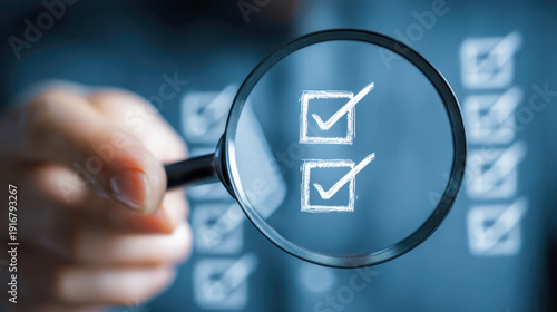 Person holding a magnifying glass highlighting checkmarks on a list symbolizing thorough review and attention to detail in task completion