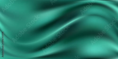 Dark teal emerald green silk satin. Shiny smooth fabric. Soft folds. Luxury background with space for design. web banner. Flat lay, top view table. Birthday, Christmas, Valentine, New year.