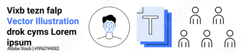 Identity verification, facial recognition, technology, data management, cybersecurity, authentication process. Visual includes a facial recognition grid, document icons, and multiple user figures