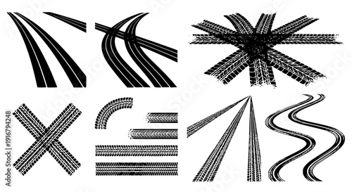Tire tread marks after skidding, launch, drift, powerslide in motorsport, rally, off-road, motocross. Wheel texture with splash effect. Vector, transparent background SVG version.